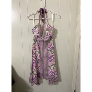 BCBG Max Azria Halter Dress Sz 2 Pink Purple Gray Medalion Silk Handkerchief Hem